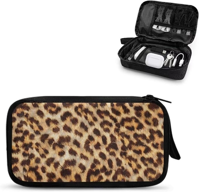 Leopard Print Electronics Case, Mini Cable Organizer Bag for Essentials, Tech Accessory with Cord Organizer for Phone, Power Bank, SD Card by Unknown