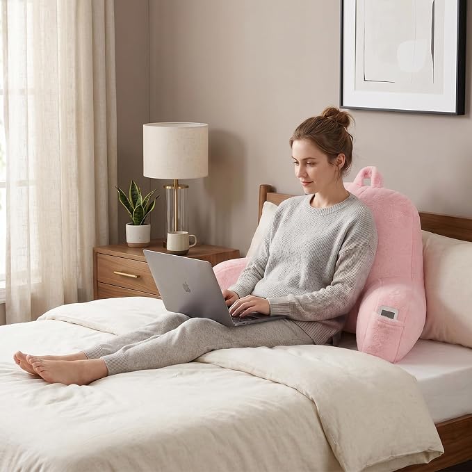 Large Plush Backrest Pillow for Sitting in Bed,Faux Fur,White | 19" Back Pillow with Arms Supports Adults,College Students,Elbows & Forearms for Dorm Reading,Gaming,Watching TV - Image 2
