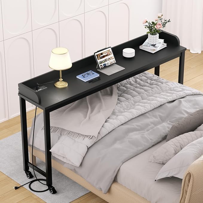 Ytaoka Overbed Table with Wheels, 70.8" Queen Size Bed Table Over the Bed Table with Charging Station, Rolling Laptop Table Over Bed Desk with 2 AC Outlets and 2 USB Ports for Home and Hospital, Black by Ytaoka
