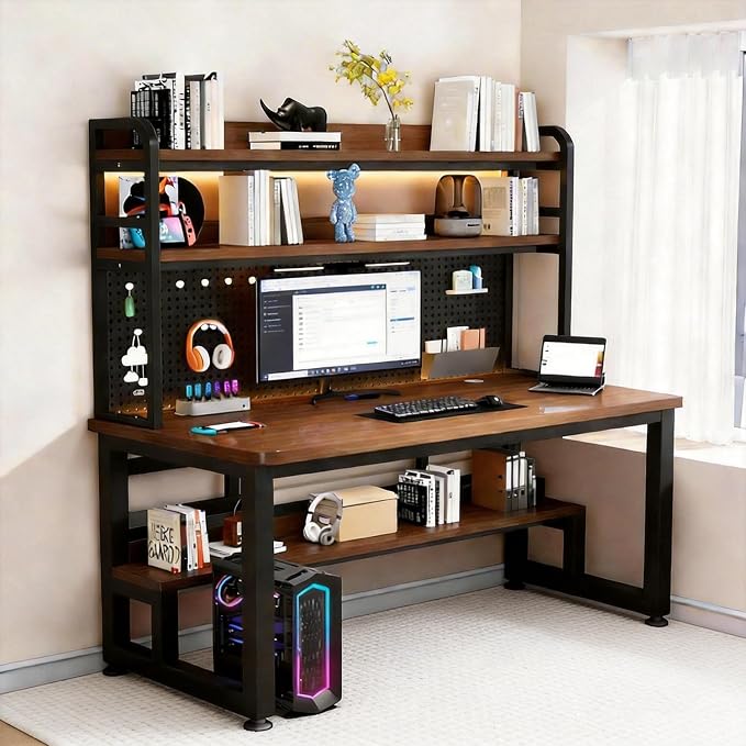 Gaming Desk with LED Lighting and Charging Station | 39 Inch Computer Desk With Hutch & Pegboard Organizer, USB-C Ports & Power Strip, Modern Workstation For Gamer Home Office by OVZXSD