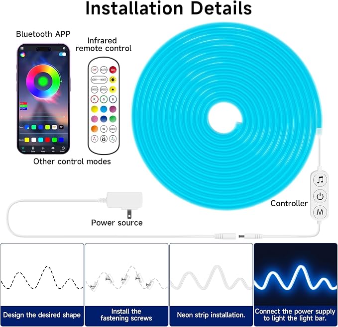KANTUTOE LED Neon Rope Lights, 13.1ft RGB LED Light Strip, 24V Music Sync App/Remote Control DIY Rope Light, IP67 Waterproof Gaming Neon Strip Lights for Bedroom Indoor Oudoor Décor - Image 5