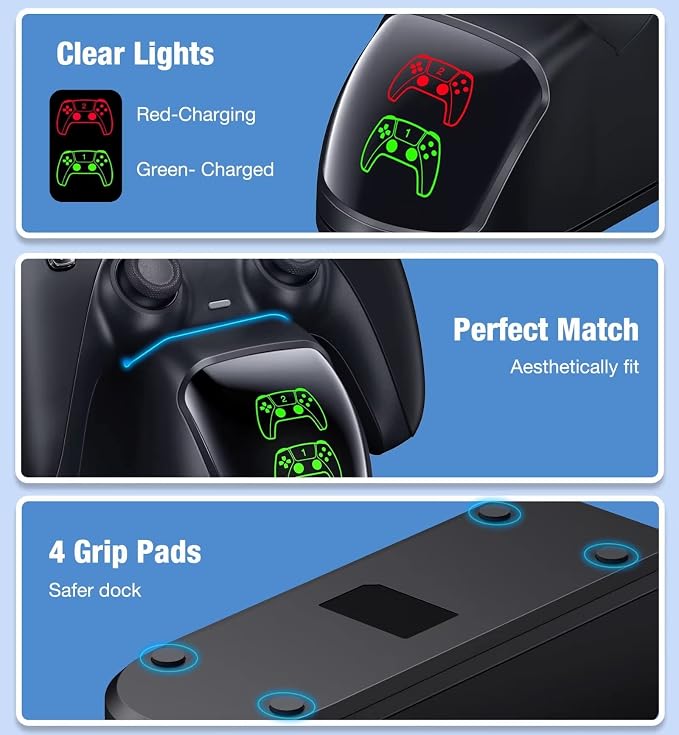 Controller Charging Station for PlayStation 5 Dualsense Controller with Dual Stand Charger Dock, Upgrade Charger for PS5 Accessories Fast Charging Cable, Charging Station Black for PS5 - Image 6
