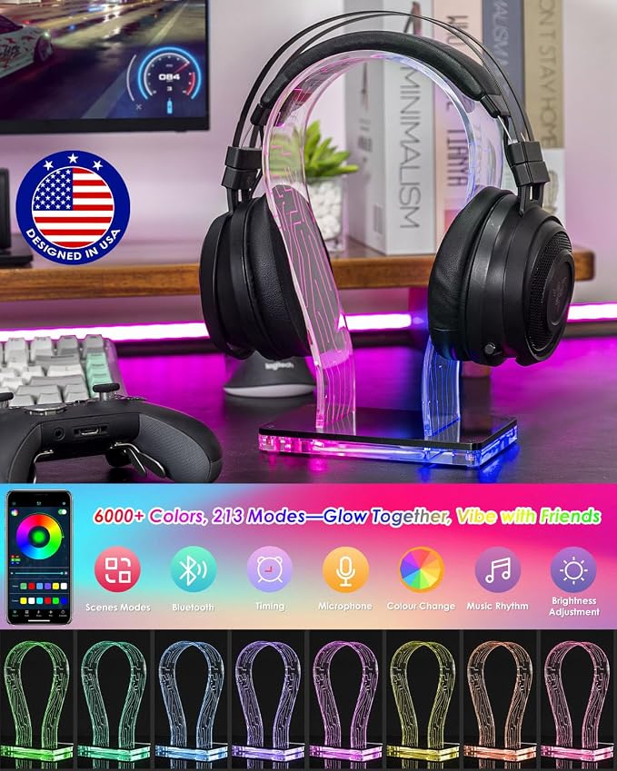 OAPRIRE Acrylic RGB Headphone Stand for Desk with Many Light Modes & Colors | Customizable 213 Lighting Modes & 60,000 Colors, with 4.8ft USB Power Cable, Universal, Sturdy, Gifts for Gamers Men - Image 2