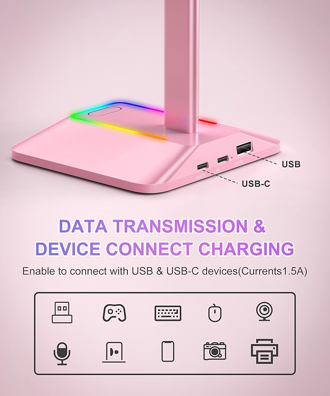 New Bee RGB Headphone Stand Gaming Headset Holder USB Charger Desktop Pink | USB-C & USB Charging Ports, Stable Desktop Earphone Stand for All Headphones Size - Image 3