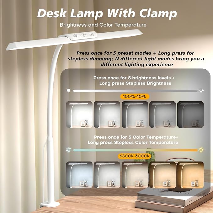 LED Desk Lamp for Office Home, Stepless Dimming Architect Desk Light with DC Adapter, Eye-Caring Desk Lamp with Clamp, 25 Lighting Modes Adjustable 12.8in Flexible Gooseneck for Workbench(White) - Image 3