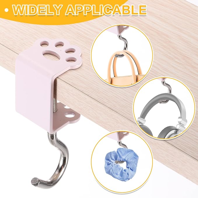 PATIKIL Desk Hook, 2Pcs Desk Mount Bag Holder Hook Cat Claws J Hooks for Hanging Bag Backpack Under Desk Clamp Purse Adjustable Headphone Table Closet Door Under Counter, Pink - Image 4