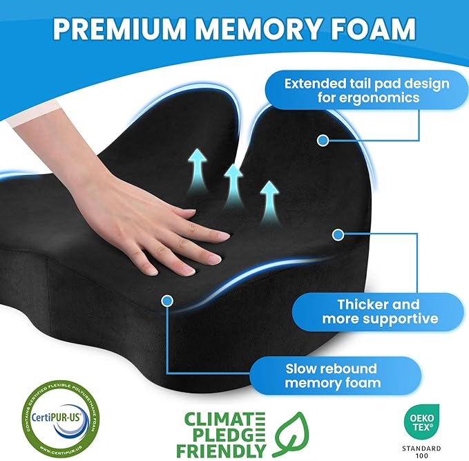 CushZone Extra Large Seat Cushion, Sciatica Support for Office Chair, Black | Ergonomic Office Chair Cushion for Hip & Tailbone Pain Relief, Memory Foam Cushion for Car, Long Trip, Desk Chair, Lab - Image 3