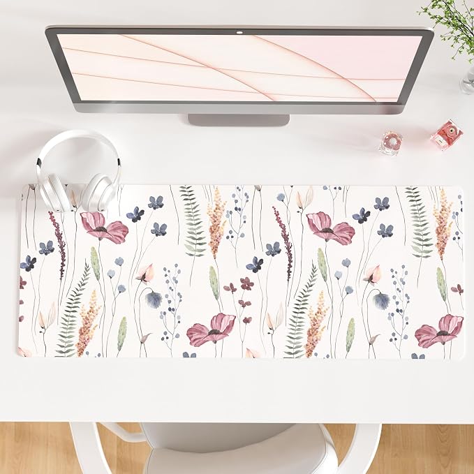 QiyI PU Leather Large Mouse Pad, Office Decor, 31.5" x 11.8", Wildflowers | Desk Décor Accessories, Extended Size, Waterproof & Easy to Clean, Smooth Surface, Non Slip Desk Organization by QIYI