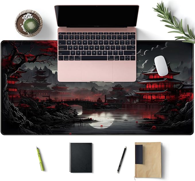 Japanese Desk Mat Riverside Full Moon Desk Pad Black Red Large Mouse Pad Gaming Mousepad Extended XXL Keyboard Pad 31.5 x 15.7 in Laptop Computer Mouse Keyboard Mat for Office Desk Decor - Image 3