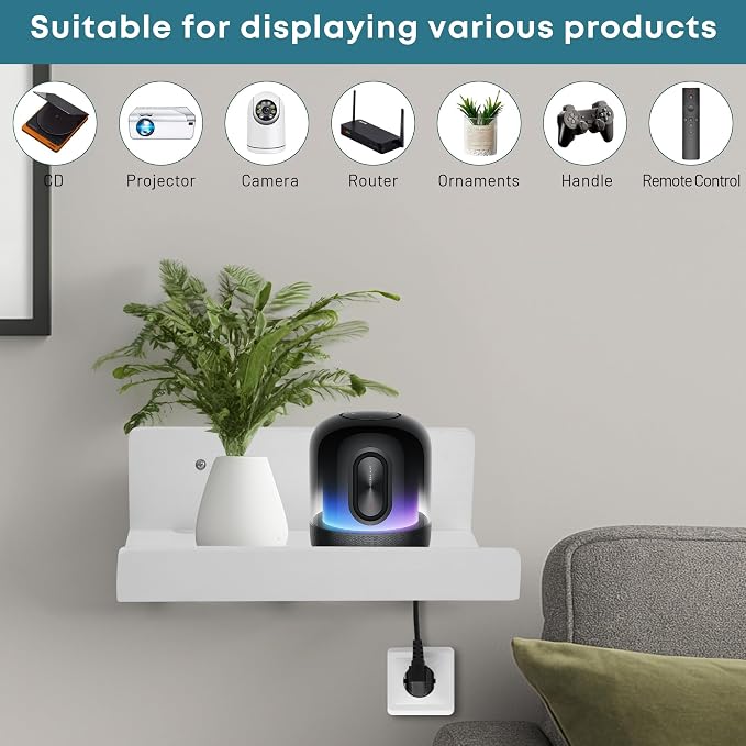 Floating Wall Shelves Set of 2, 12-Inch Solid Wood Shelves with Cable Holes, Small Display Shelf for Router, Webcam, Smart Speaker, Camera – White - Image 5