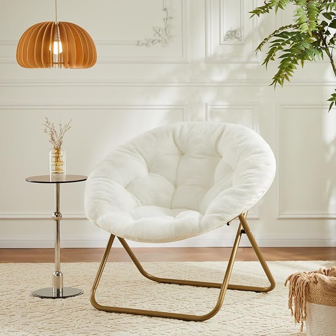 DUMOS Faux Fur Saucer Chair, Foldable Comfy Chair for Bedroom, White | Lounge XL Moon Mushroom Style, Circle Round Oversized Accent Seat, Gaming Dorm Small Spaces, Comfortable Modern - Image 9