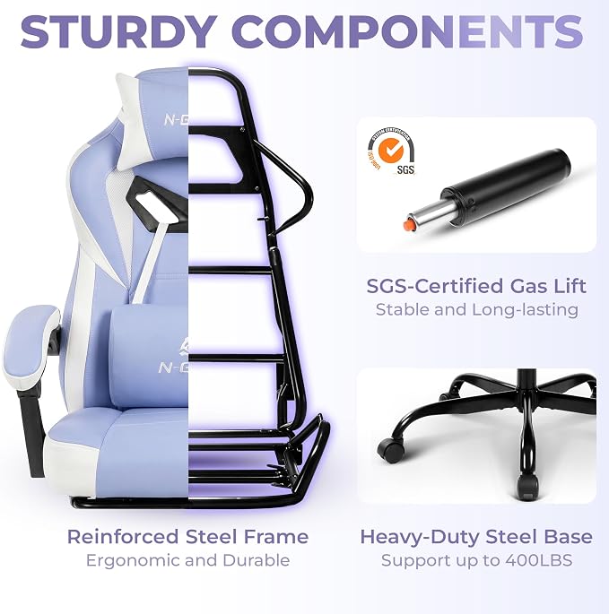 N-GEN GAMING Big & Tall Gaming Chair with Footrest, Lumbar Support, Purple | Ergonomic High-Back Chair for Adults, Padded Wide Seat with Heavy-Duty Base, Reclining Comfort for Computer, Office/Home Use - Image 9