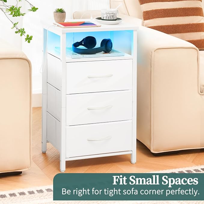 Yoobure Night Stand with Charging Station, LED White Nightstand for Dorm - Image 7