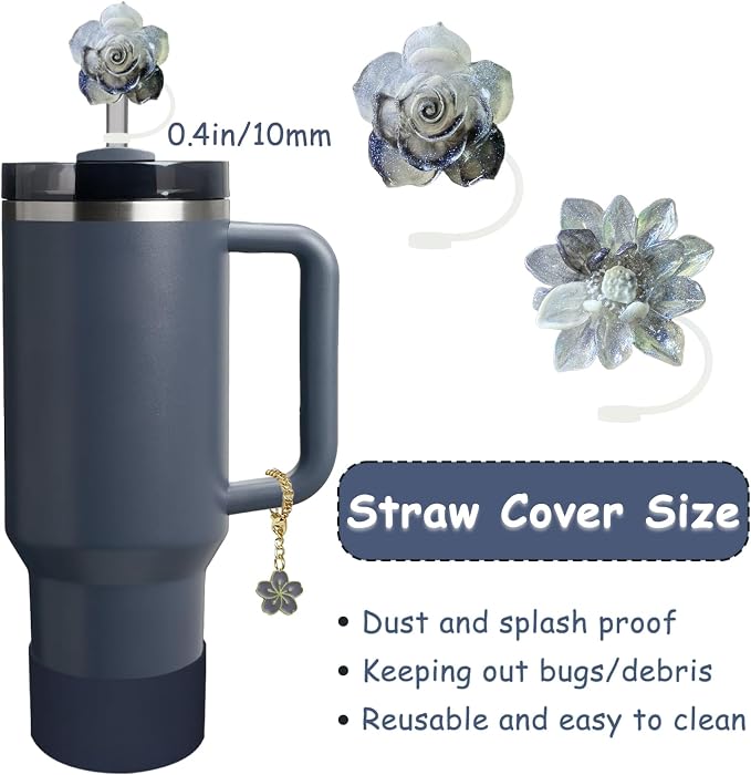 Stanley Cup Accessories Set,Including 2 Pcs 0.4in Straw Cover, 1 Silicone Spill-Proof Stopper Set of 3, 1 Cute Flower Handle Charm, 1 Silicone Boot Fits Stanley 40&30 Oz Tumbler (Twilight) - Image 2