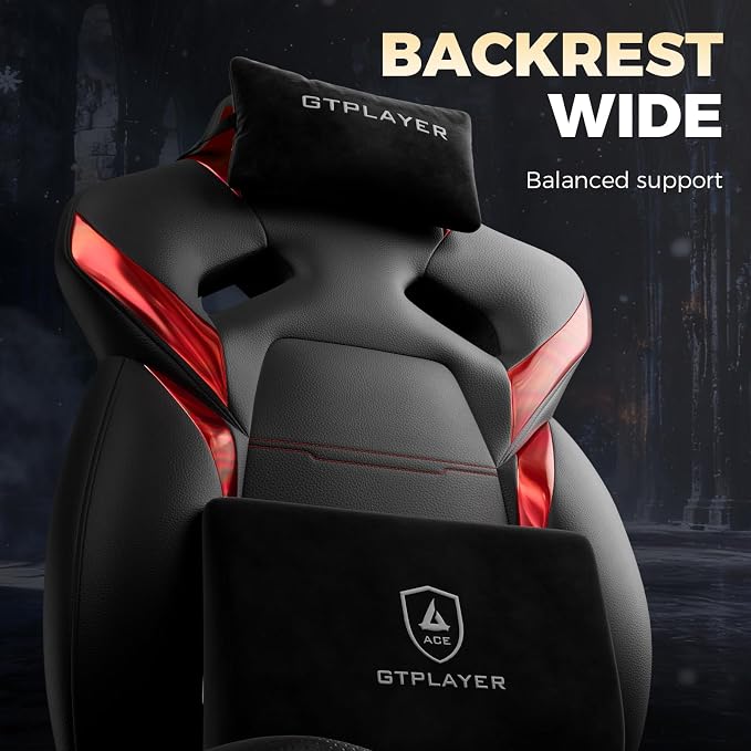 GTPLAYER Big and Tall Gaming Chair for Adults, Ergonomic Office Chair with Footrest, Heavy Duty 350 lbs Capacity, High Back, Premium Leather & Iridescent Trim, ACE-Armor, Black & Red - Image 8