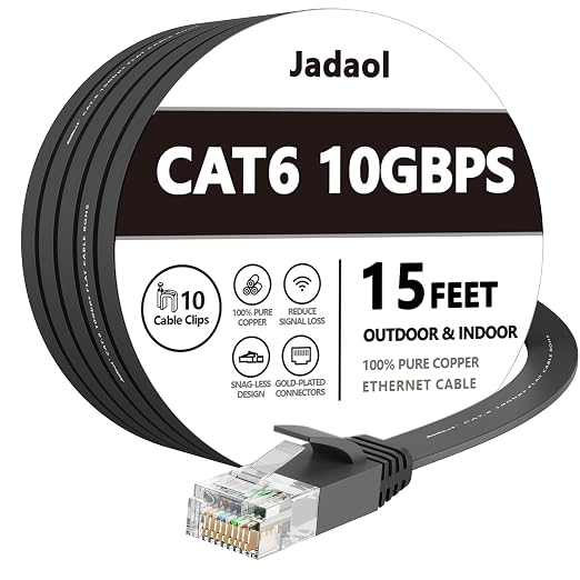 Jadaol Cat6/Cat6A Ethernet Cable 15FT Flat with Clips 10Gbps Network, Black by Jadaol