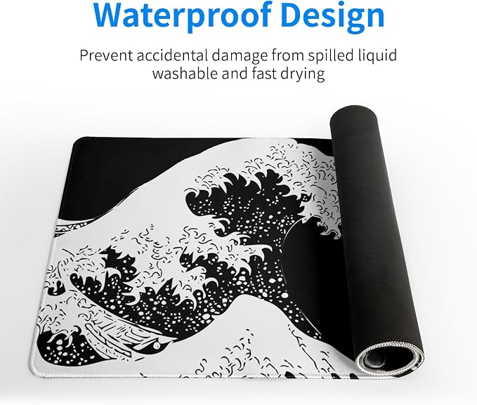 Japanese Sea Wave Large Mouse Pad, Abstract Black Gaming Mousepad, Extended Kanagawa Mat Desk Pad, 3mm Thick Long Non-Slip Rubber Base Mice Pad for Office and Home, 27.6x11.8 Inch - Image 4