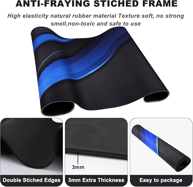Desk Pad Large Gaming Mouse Pad Extended Keyboard Mouse Mat,Black Blue | 35.4 X 15.7 Inch Desk Pad Non-Slip Rubber Base Stitched Edge Computers Laptop Desk Home Office Accessories - Image 3