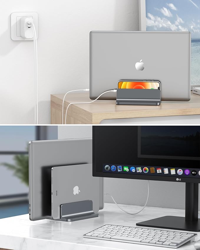 OMOTON Dual Vertical Desk Laptop Stand Holder, Fits MacBook Air/Pro, Grey - Image 7