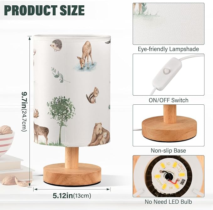 Bedside Table Lamp Woodland Animals Nightstand Lamp with Wood Forest Deer Bear Chipmunk Hedgehog Desk Lamps for Bedroom Living Room Nursery Office Home Decor - Image 3