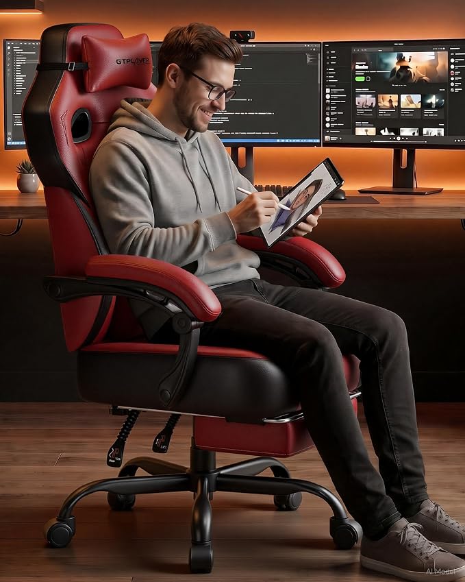 GTPLAYER Big & Tall Gaming Chair, Wide Seat with Footrest, Wine Red | Ergonomic High Back Computer Desk Chair for Adults, Comfort Padded Seat with Lumbar Support Armrests Recliner for Office/Home - Image 2
