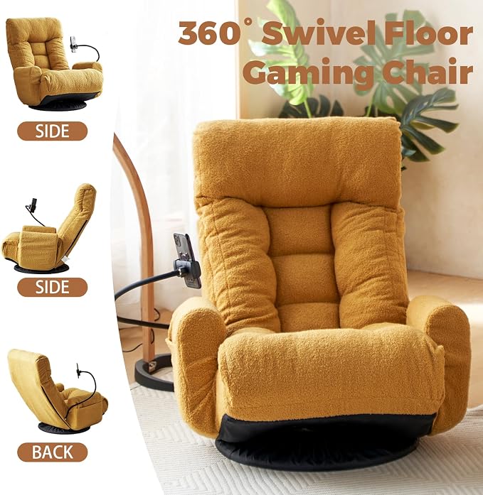 360° Swivel Floor Gaming Chair Teddy Folding Lounge Chair Sofa Chair with Adjustable Head and Waist, Armrests & Phone Holder, Padded Cushion Leisure Chairs for Living Room Bedroom (Yellow) - Image 6