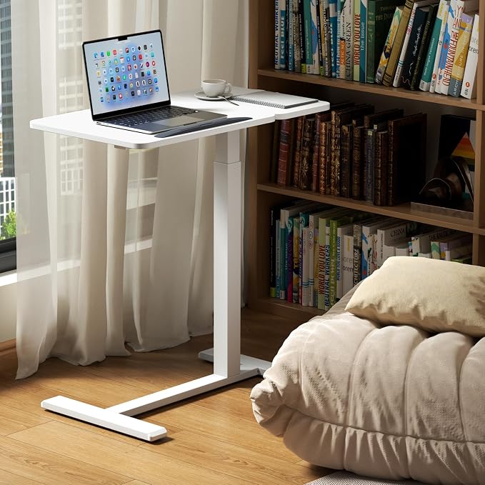 Overbed Bedside Table with Wheels, Pneumatic Adjustable Medical Tilt Top Hospital Bed Table Over The Bed, Rolling Laptop Desk, Mobile Standing Desk for Hospital and Home Use, White - Image 3