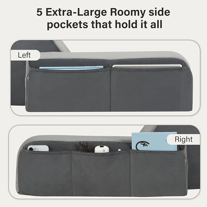 Vekkia 25" Reading Pillow for Bed with XL Side Pockets for Tall Adults | 60° Wedge Back Support, Built-in Armrests, Washable Cover, Idea for TV, Gaming, Working, Nursing,Recovery in Bed & Floor,Gray - Image 5