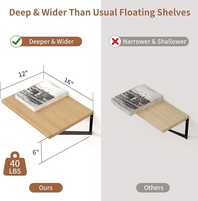 Axeman Deep Floating Shelves, 12 Inch Deep Rustic Oak Floating Wall Shelves Set of 2, 16W x 12D Large Floating Shelves Living Room Cleanning Room Laundry Room Garage - Oak with Black Brackets - Image 3