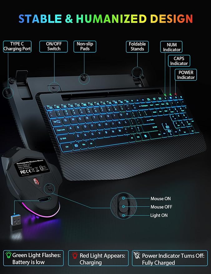 SABLUTE Wireless Keyboard and Mouse Combo, Backlit Scissor Keys, Wrist Rest - Image 7