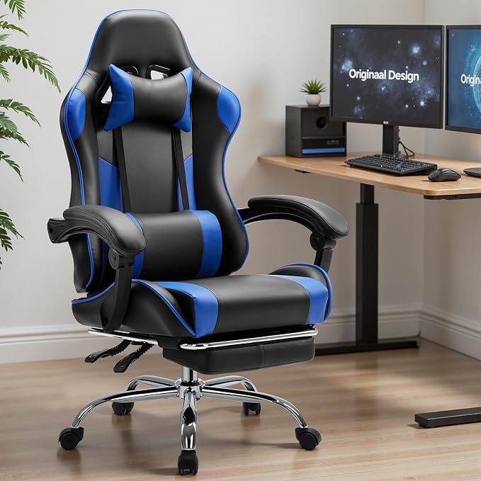 Sweetcrispy Gaming Chair with Footrest, Ergonomic Lumbar Support Desk Chair | High Back Ergonomic, PU Leather, Adjustable Headrest, Linkage Armrest, Height Adjustable, 360 Swivel, Blue - Image 2