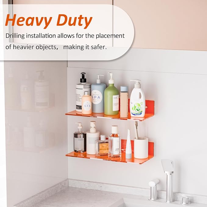 Sezanrpt 15 Inches Orange Acrylic Wall Shelves 2 Pack, L Shape Floating Shelf, Perspex Wall Mounted Shelves for Home Décor, Model Car, Candle, Calendar, Towel, Tissue - Image 3
