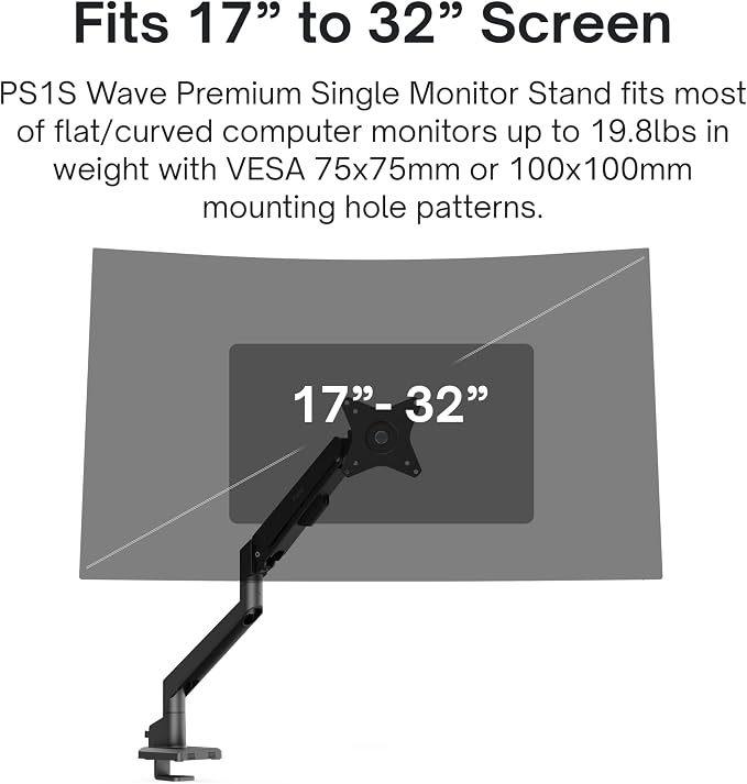 Pixio PS1S Wave Black Single Monitor Arm Stand Desk Mount - Fits up to 32 inches Monitors and up to 19.8lbs. VESA Compatibility and Integrated Cable Management - Image 2