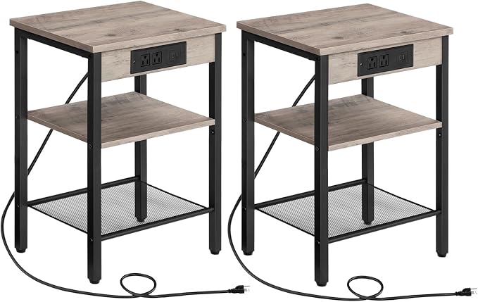 HOOBRO Side Tables Set of 2 with Charging Station and USB Port, Small End Tables for Small Space, 3-Tier Nightstands with Adjustable Shelf, for Living Room, Bedroom, Greige and Black BG112BZP201 by HOOBRO