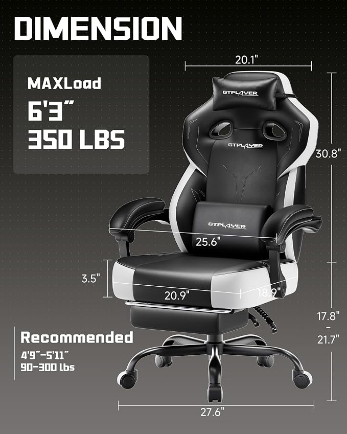 GTPLAYER Big & Tall Gaming Chair, Wide Seat with Footrest, Jet Black | Ergonomic High Back Computer Desk Chair for Adults, Comfort Padded Seat with Lumbar Support Armrests Recliner for Office/Home - Image 3