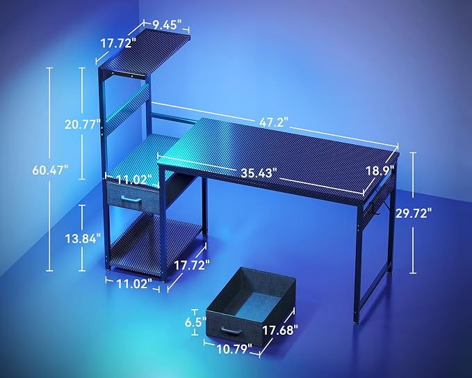 Casaottima 48'' Gaming Desk with LED Lights & CPU Stand, Reversible Computer Desk with Storage Shelves & Fabric Drawer, Modern PC Gamer Table with Headphone Hook, Carbon Fiber Black - Image 3