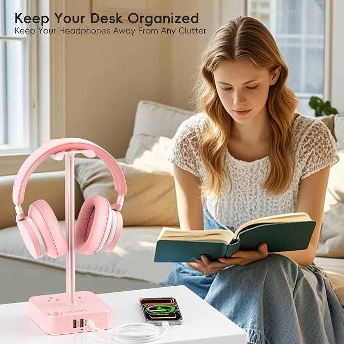 cozoo Headphone Stand with Charger, USB C, Gifts for Gamers Men, Pink | Gaming Headset Stand Holder for Desk, 3 USB(1 USB C) and 2 AC Outlets Charging Ports, Headphone Hanger, Gamer Gifts for Men - Image 2