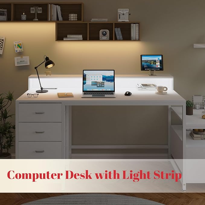 Computer Desk with Drawers, Home Office Desk with Storage Shelves, Charging Station, Corner Gaming Desk with Pegboard for Workspace, White - Image 7