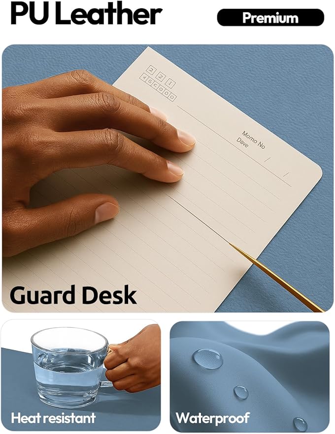 YSAGi Leather Desk Pad Protector, Office Desk Mat, Large Mouse Pad, Non-Slip PU Leather Desk Blotter, Laptop Desk Pad, Waterproof Desk Writing Pad for Office and Home (Blue, 47" x 17") - Image 3