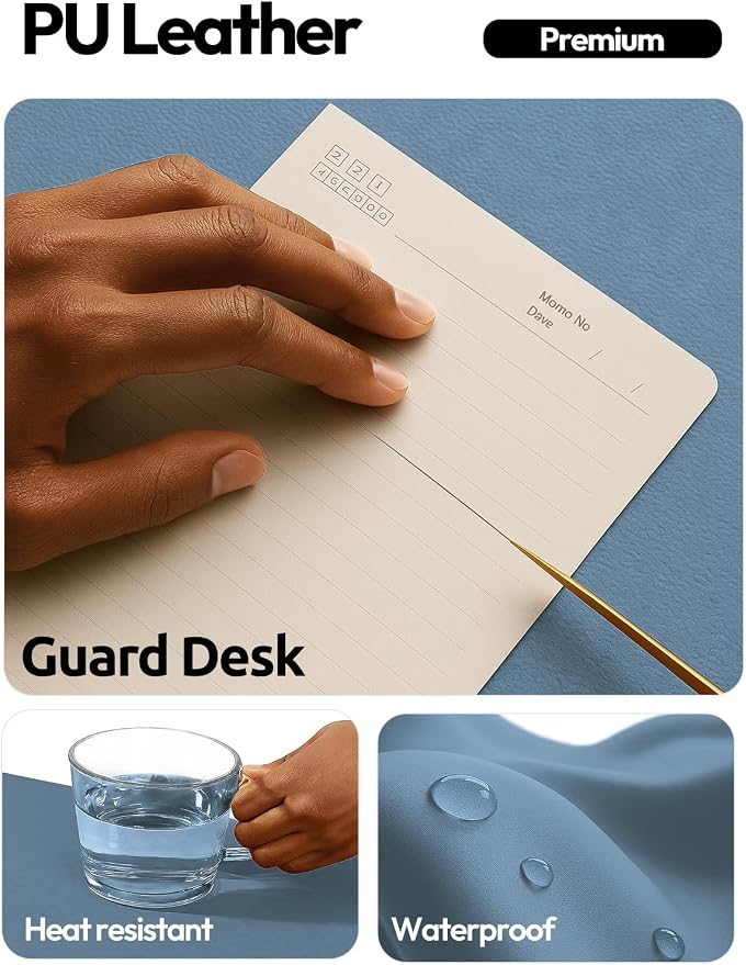 YSAGi Leather Desk Protector, Office Mat, Large Mouse Mat, Non-Slip PU Leather Blotter, Laptop Desk Pad, Waterproof Writing Pad for Office and Home (Blue, 35.4" x 17") - Image 3