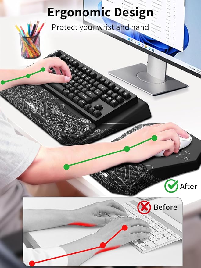 3-in-1 Ergonomic Keyboard Stand with Wrist Rest & Mouse Pad Set, Black Wave | Comfy Keyboard Riser Holder Soft Mousepad with Massage Design, Memory Foam and Non-Slip PU Base for Pain Relief - Image 2