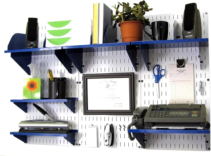 Wall Control Office Organizer Unit Wall Mounted Office Desk Storage and Organization Kit Slotted White Wallboards and Blue Accessories by Wall+Control