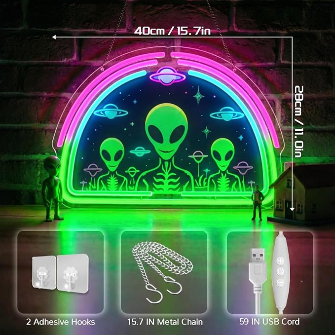 Alien Neon Sign,Neon Signs for Wall Decor,Space UFO LED Neon Light Wall Decor for Game Room,Mancave,Dorm & Party,Dimmable USB Powered Neon Wall Art Aesthetic for Teens,Gamers & Sci-Fi Lovers - Image 4
