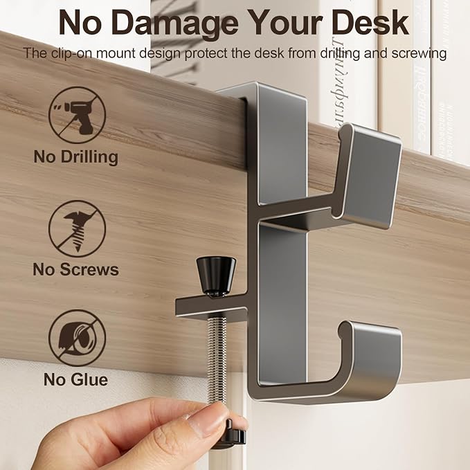 Desk Hook for Bag, Under Desk Handbag Hanger, Purse Hook for Table, Aluminum Backpack Holder, Desk Mount Hook for Umbrellas, Headphone, Back to School Supplies, White - Image 6