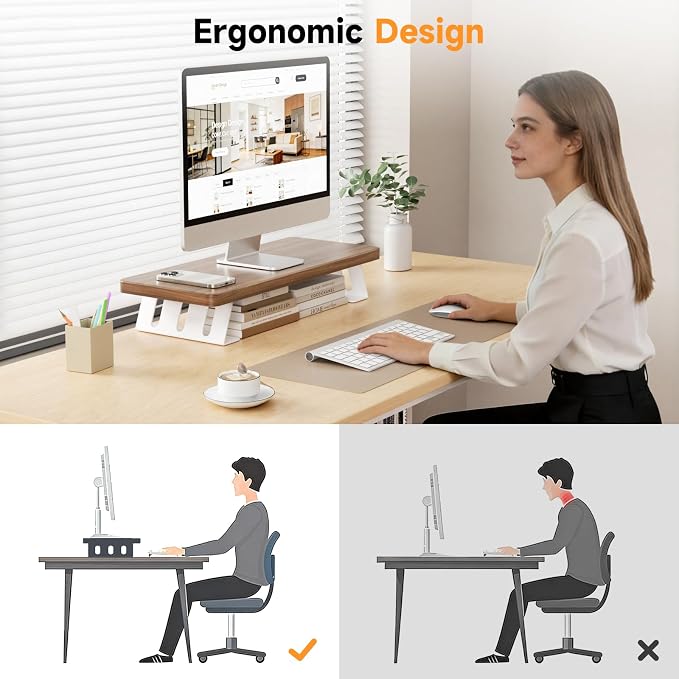 Monitor Stand Riser, 24 Inch Wood Desk Monitor Riser for Laptop/PC/Printer | Computer Monitor Stands with Storage for Desk, Desktop Stands Organizer for Home Office, Holds 220 LBs Load, Light Walnut﻿ ﻿ - Image 6