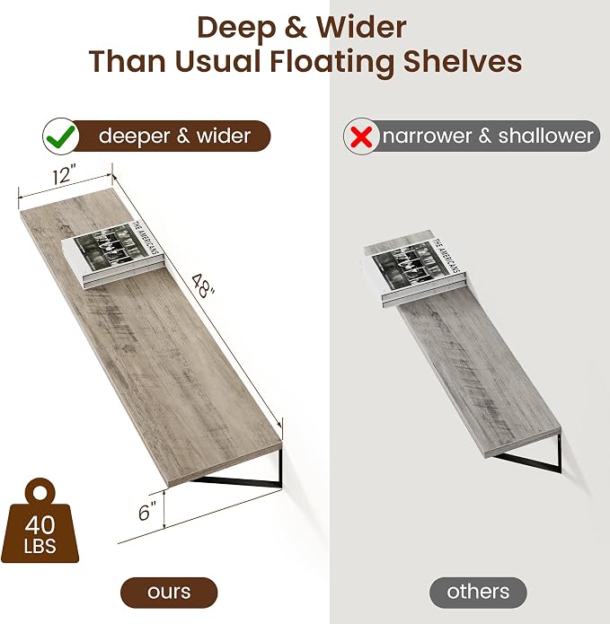 Axeman 12 Inch Deep Floating Shelves for Wall - 48 Inch Wide x 12 Inch Deep Wall Shelves Set of 2 - Rustic Grey Wood Floating Shelves for Living Room - Image 2