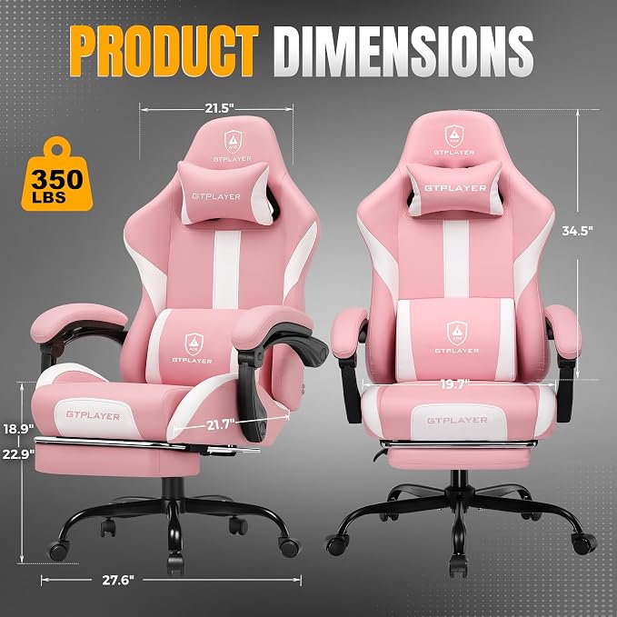 GTPLAYER Gaming Chair with Pocket Spring Cushion, Leather Office Chair with Ergonomic High Back & Lumbar Support for Back Pain Relief, Computer Game Chair for Adults, Pink - Image 3