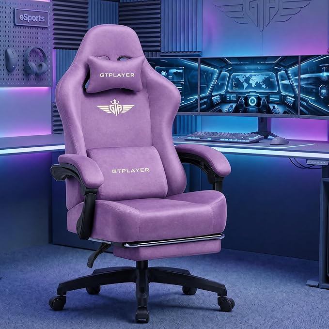 GTPLAYER Big and Tall Gaming Chair 400lbs Heavy Duty Office Chair with FootRest,High Back Pocket Spring Ergonomic Computer Chair for Adults,Wide Comfy Seated Cushion with Linkage Armrests,Light Purple by GTPLAYER