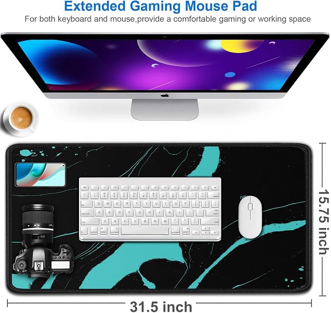 Gaming Mouse Pad, 31.5x15.7 inch Large Extended Computer Keyboard Mouse Mat, Water Resist Non-Slip Mousepad Rubber Base Long XXL Desk Mouse Pad for Work & Gaming, Office & Home, Black Blue - Image 2