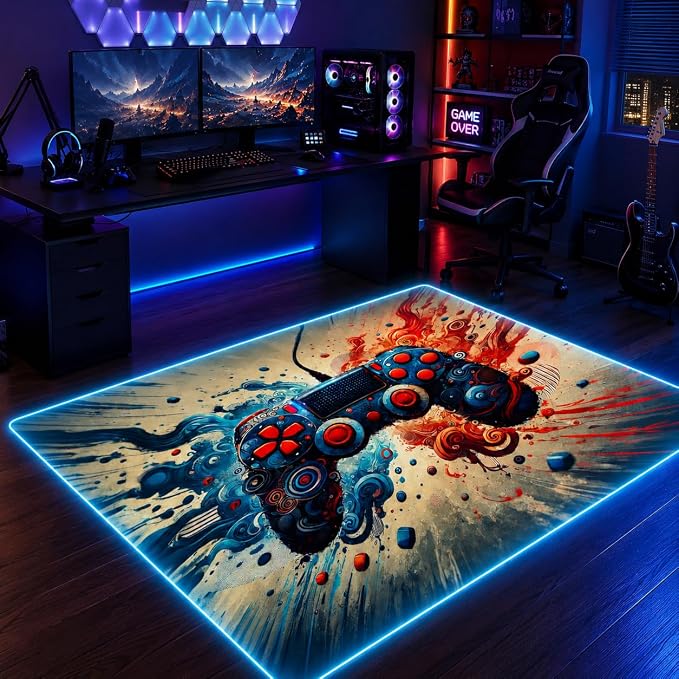 Gaming Rug RGB LED Light (3x5 Waveburst Controller) - Bedroom Gamer Rug Floor Mat Gaming Decor - Kids Room Rug Anti Slip Mat for Gamer Chair – Play Game Room Décor for Teen, Boys, Kids - Image 8